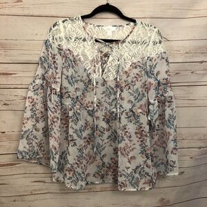 Degree Peasant Top Sheer Floral Lace Size M Boho Bohemian Shirt Womens